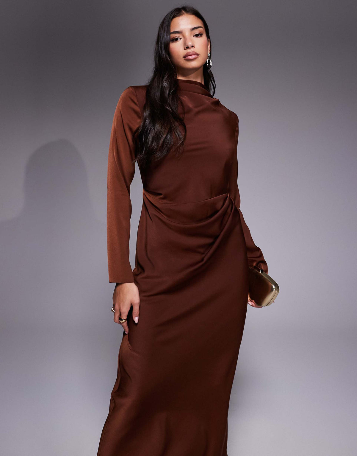 ASOS DESIGN long sleeve high neck pleated bodice midi dress