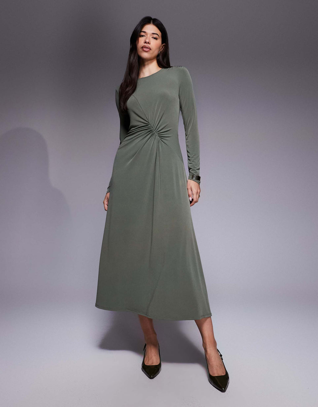 ASOS DESIGN long sleeve ruched midi dress in khaki