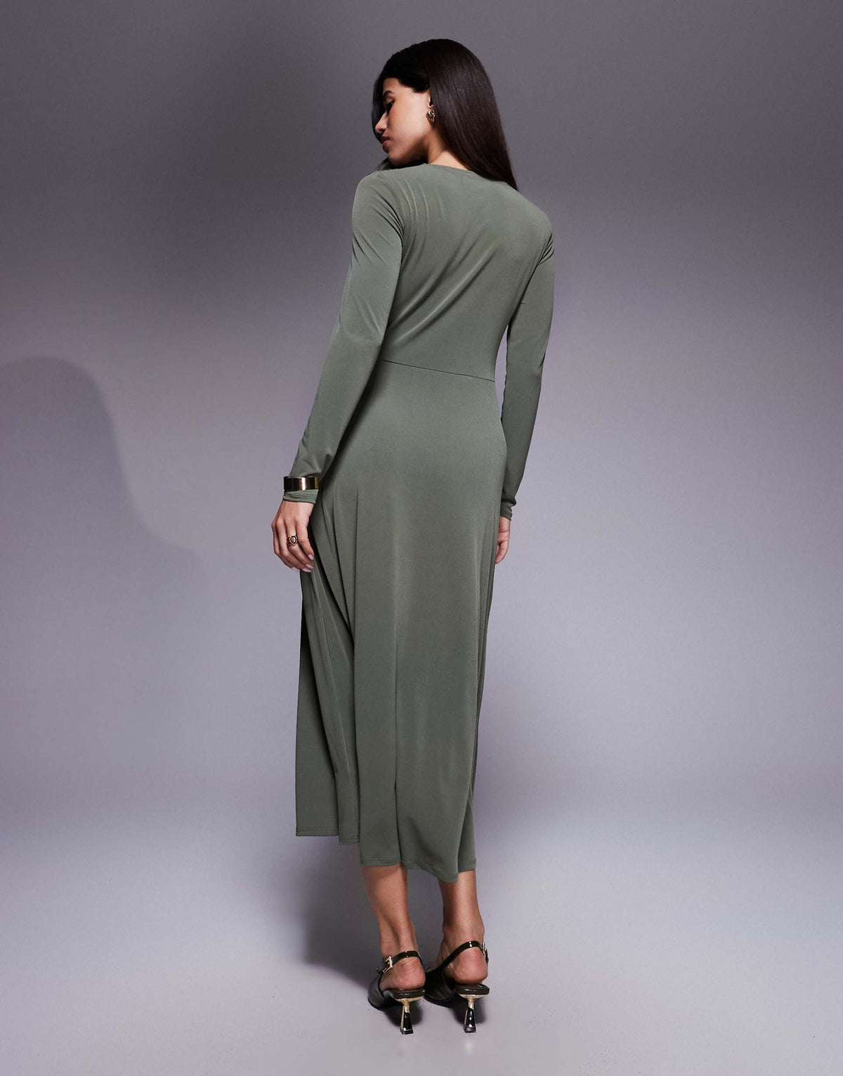 ASOS DESIGN long sleeve ruched midi dress in khaki