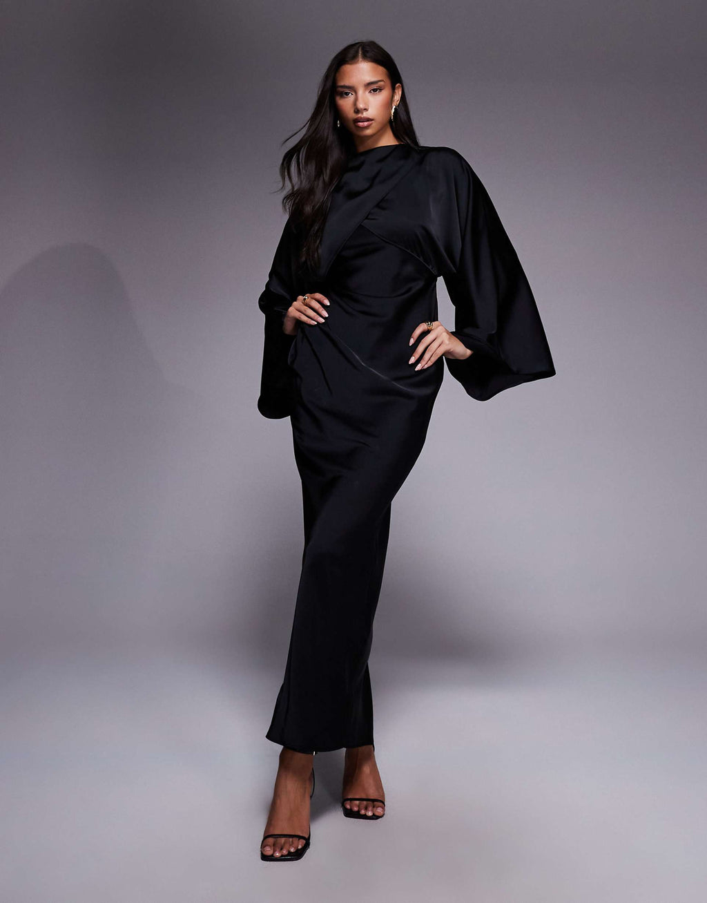 ASOS DESIGN wrap front batwing satin bias cut maxi dress in black