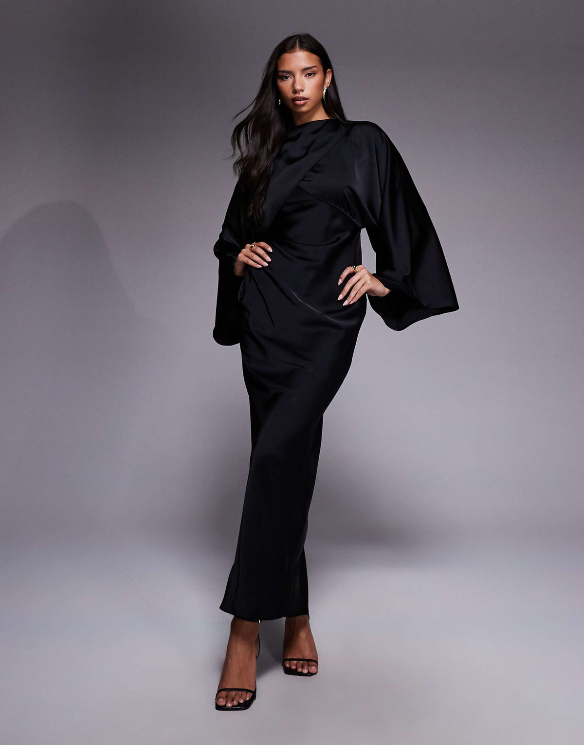 ASOS DESIGN wrap front batwing satin bias cut maxi dress in black