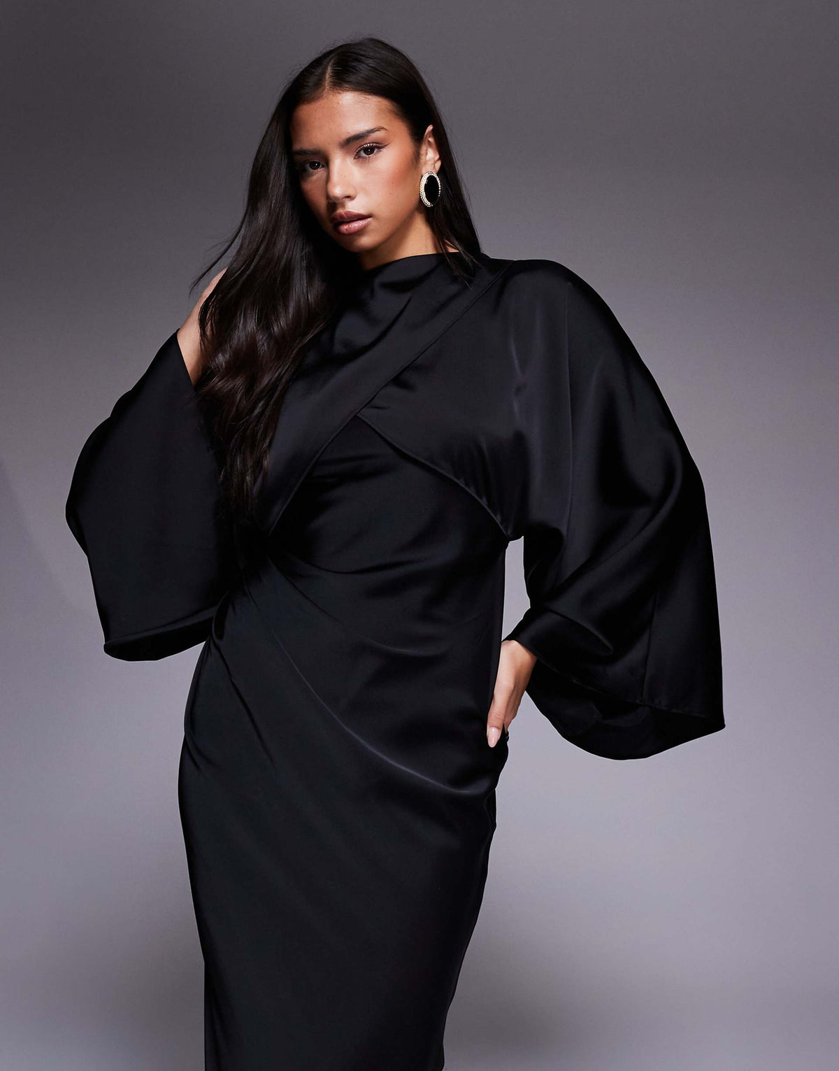 ASOS DESIGN wrap front batwing satin bias cut maxi dress in black