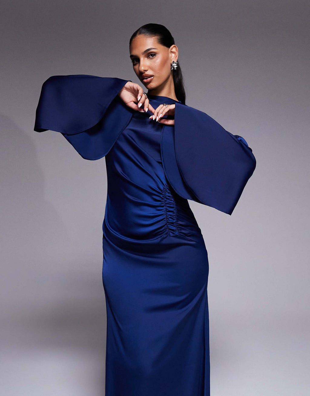ASOS DESIGN exaggerated sleeves bias cut maxi dress with ruched waist in navy