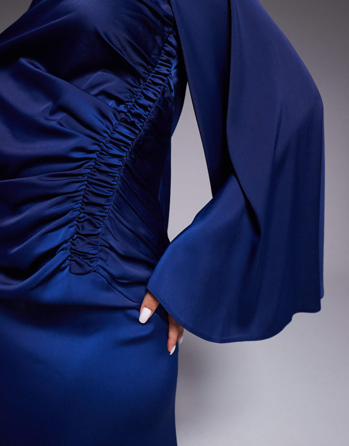 ASOS DESIGN exaggerated sleeves bias cut maxi dress with ruched waist in navy
