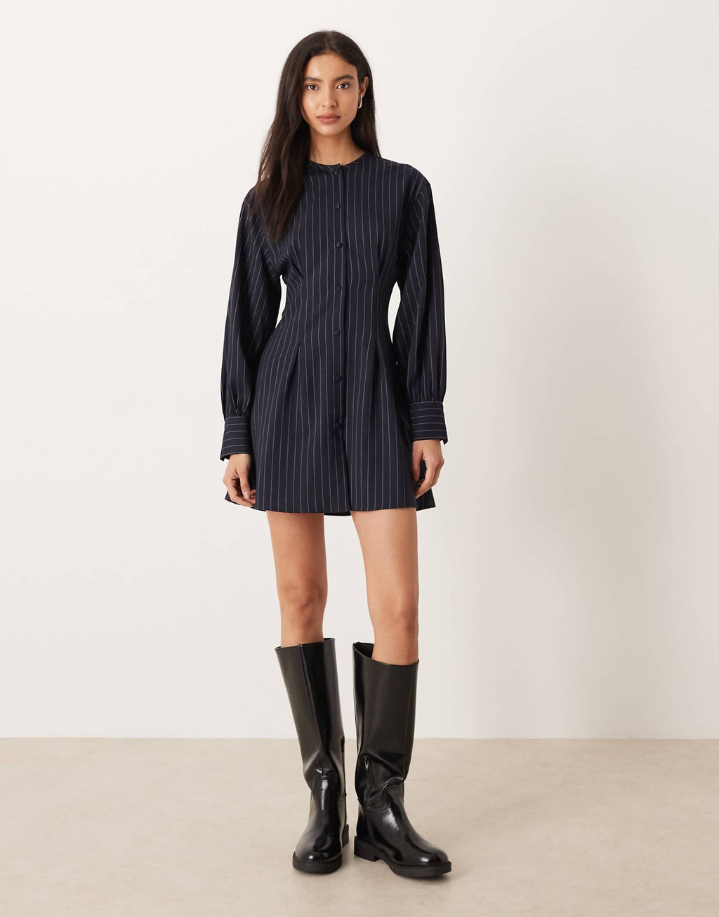 ASOS DESIGN collarless cinched shirt dress in black and white stripes