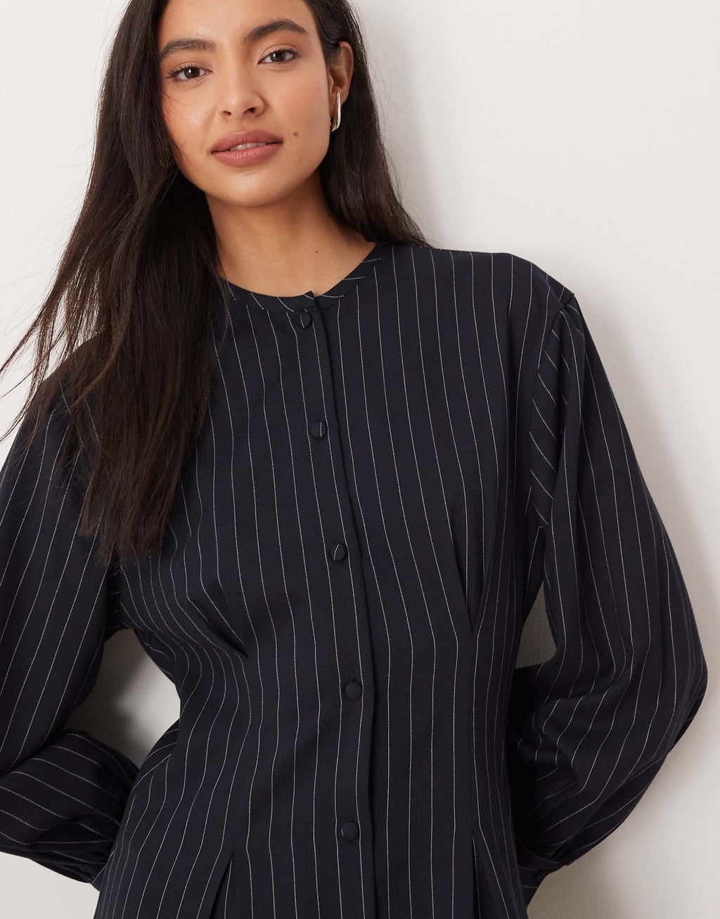 ASOS DESIGN collarless cinched shirt dress in black and white stripes