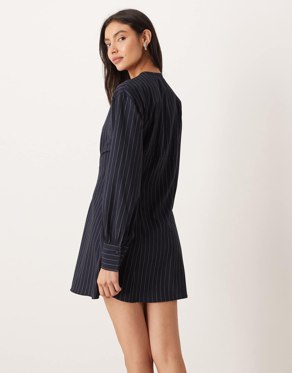 ASOS DESIGN collarless cinched shirt dress in black and white stripes