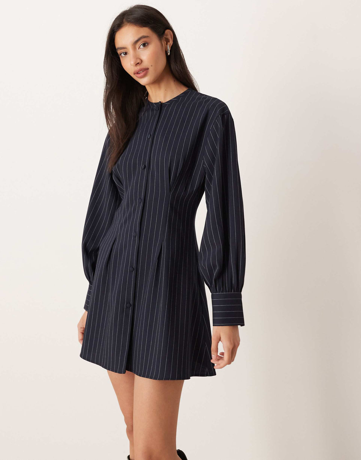 ASOS DESIGN collarless cinched shirt dress in black and white stripes