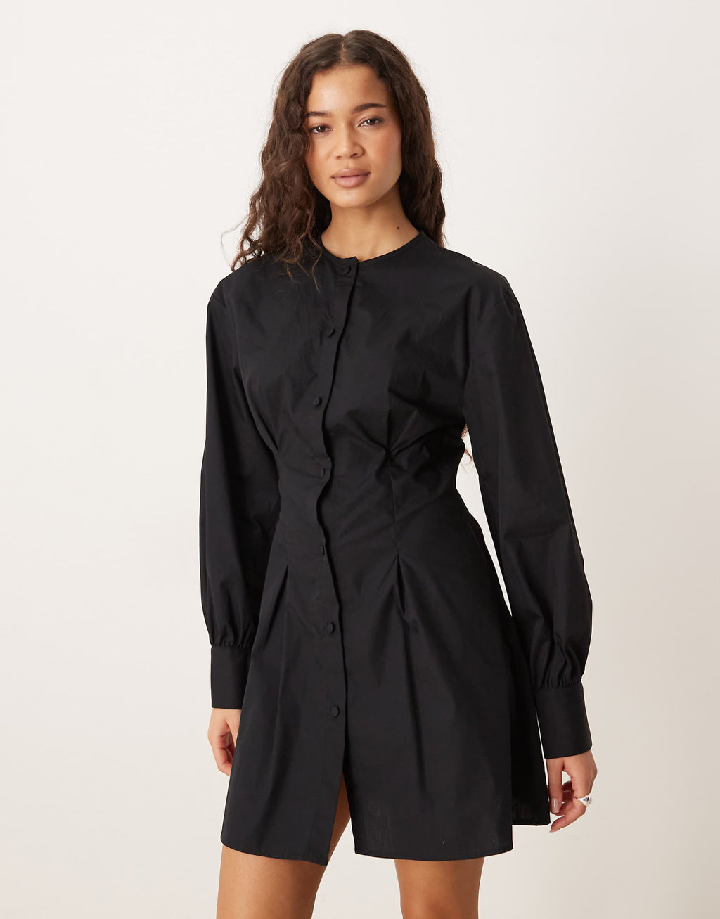 ASOS DESIGN round neck button up waisted mini dress in black