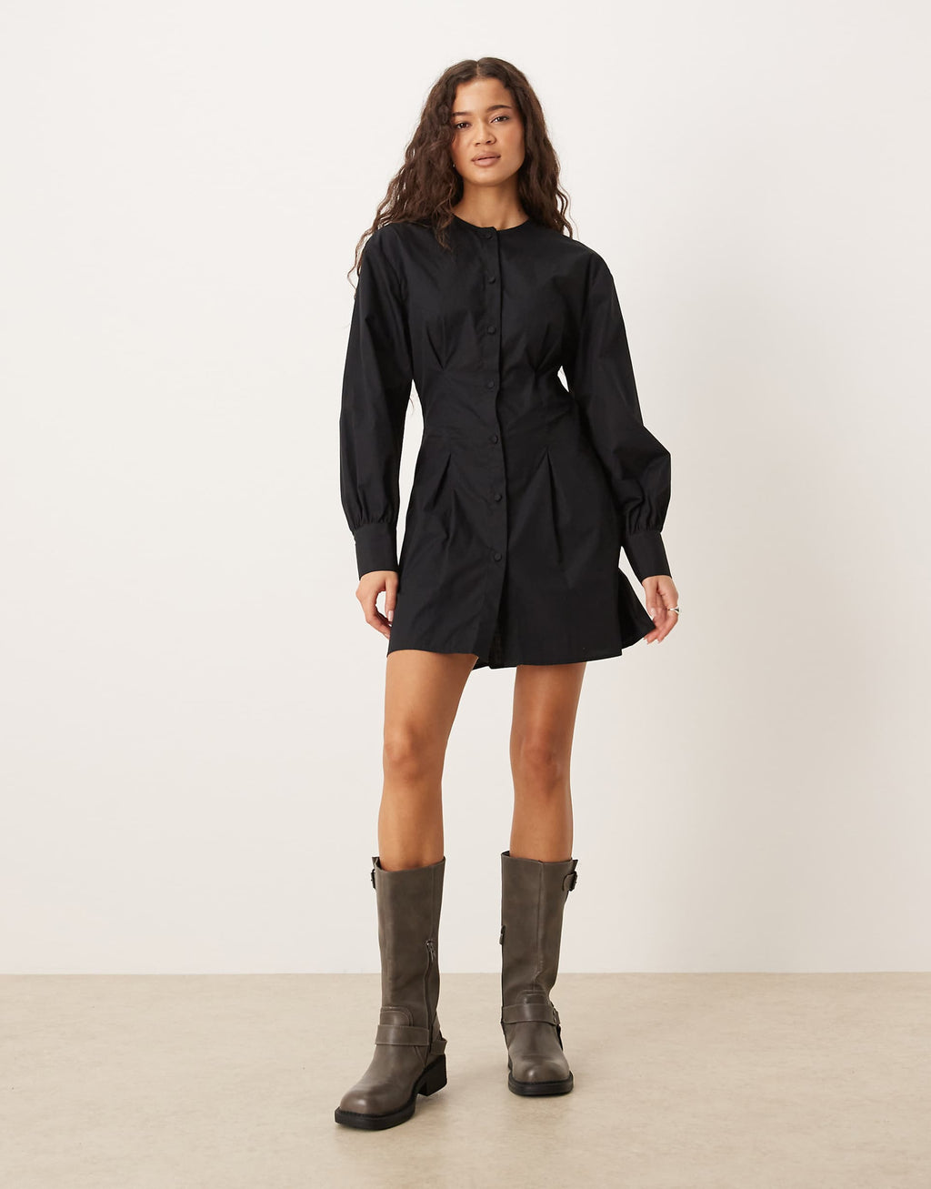 ASOS DESIGN round neck button up waisted mini dress in black