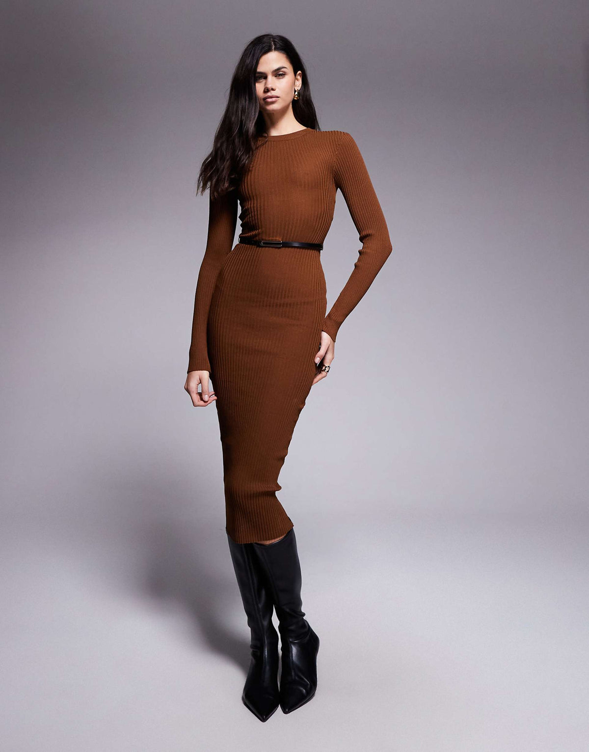 River Island crew neck knit midi dress in light brown