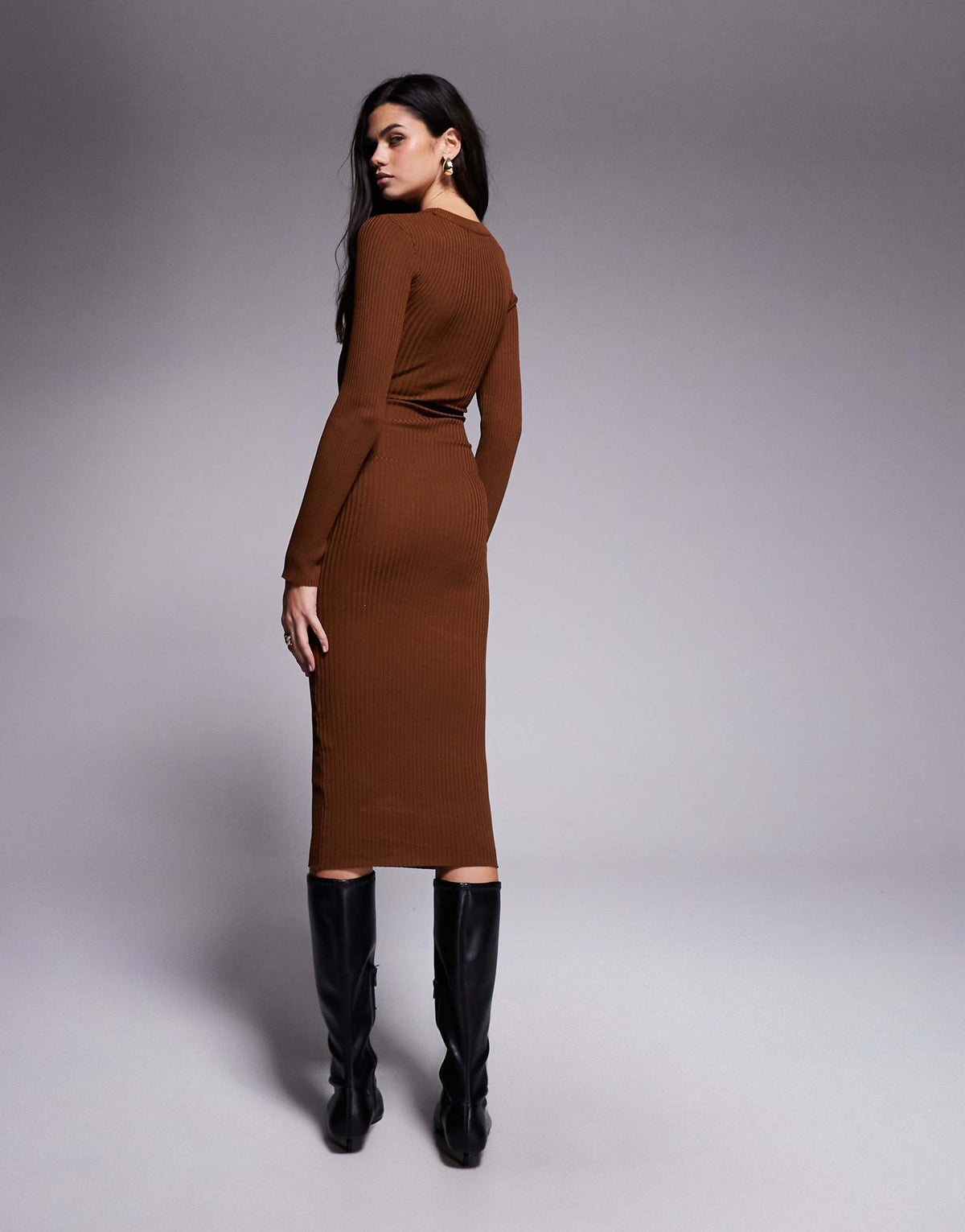 River Island crew neck knit midi dress in light brown