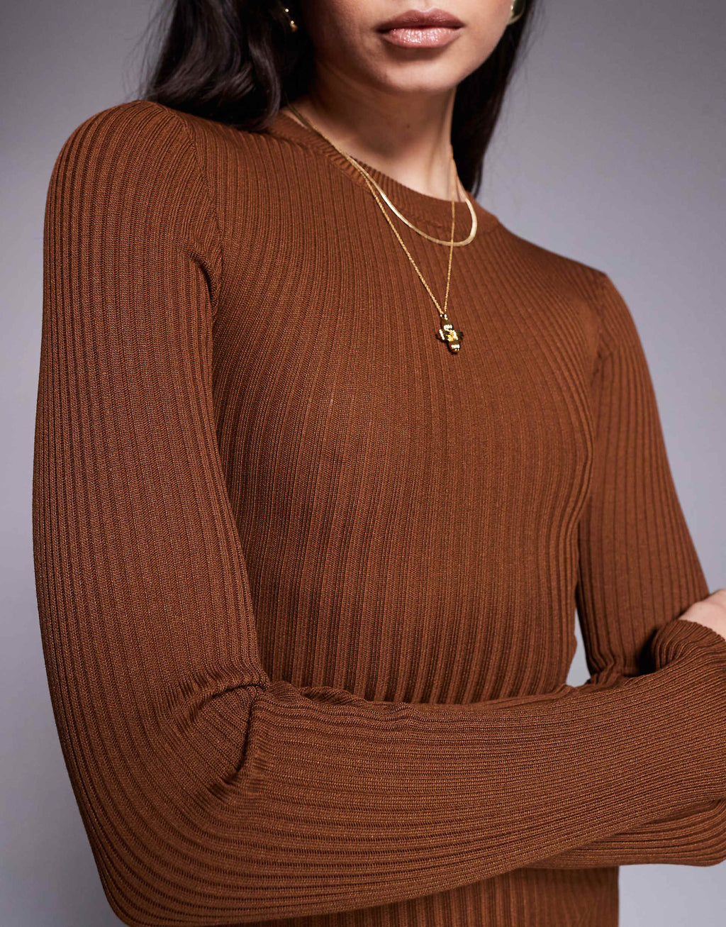 River Island crew neck knit midi dress in light brown