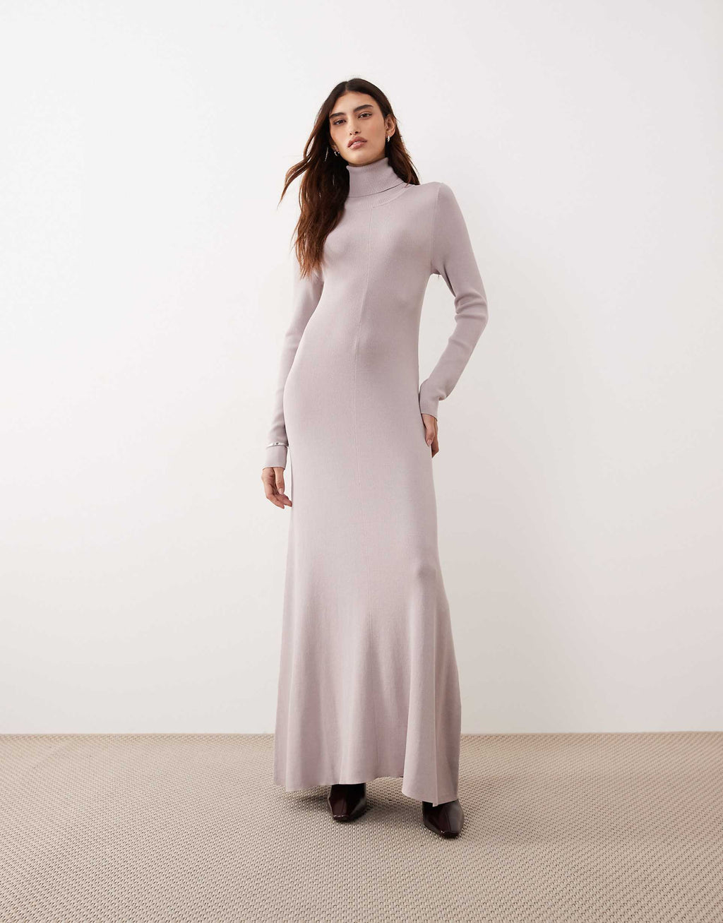 ARRANGE compact rib knit high neck maxi dress in soft gray