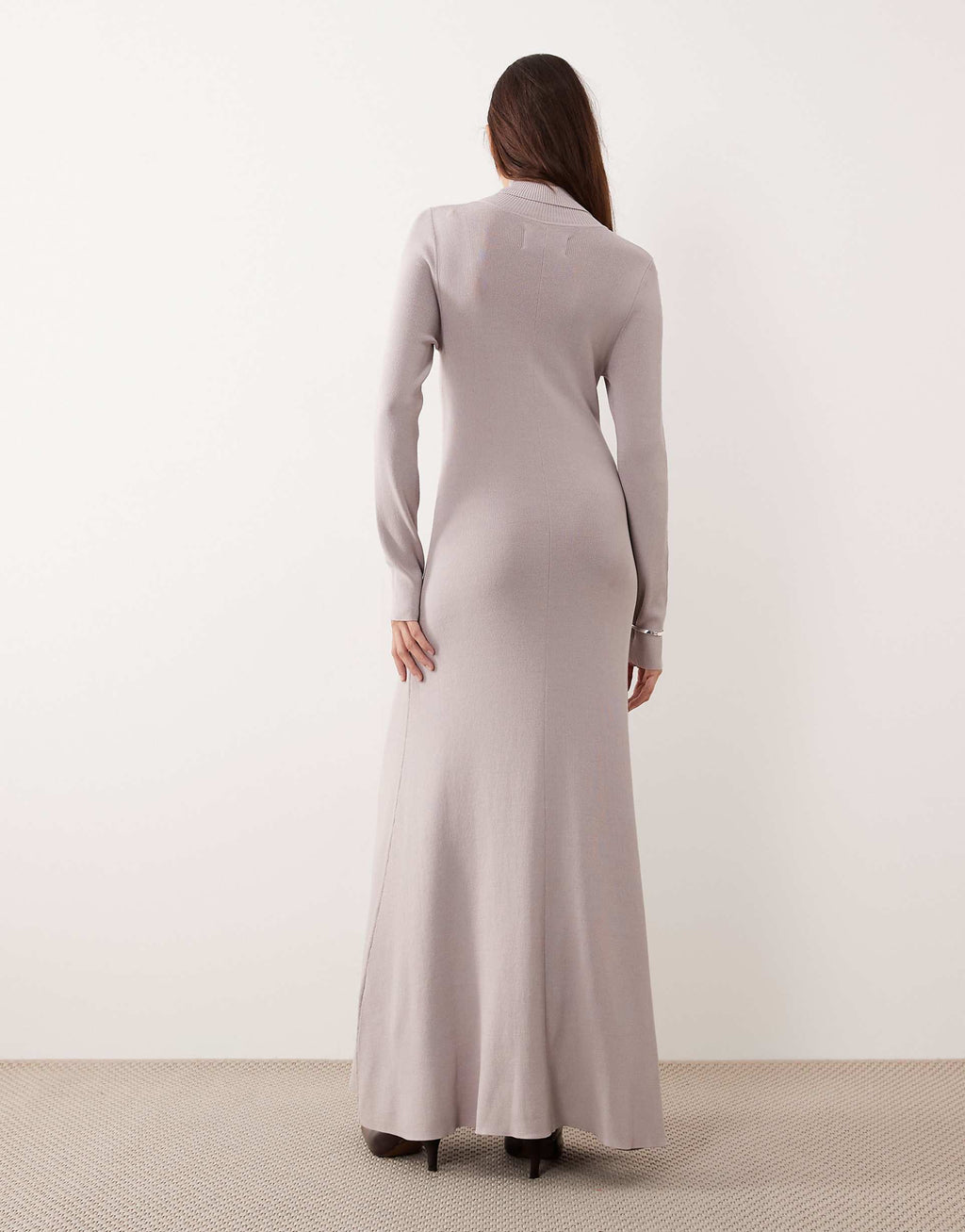 ARRANGE compact rib knit high neck maxi dress in soft gray