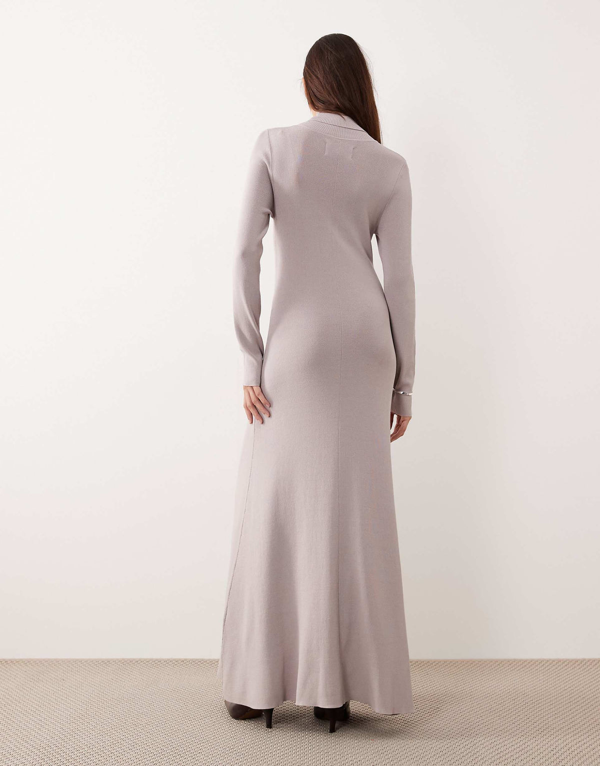 ARRANGE compact rib knit high neck maxi dress in soft gray