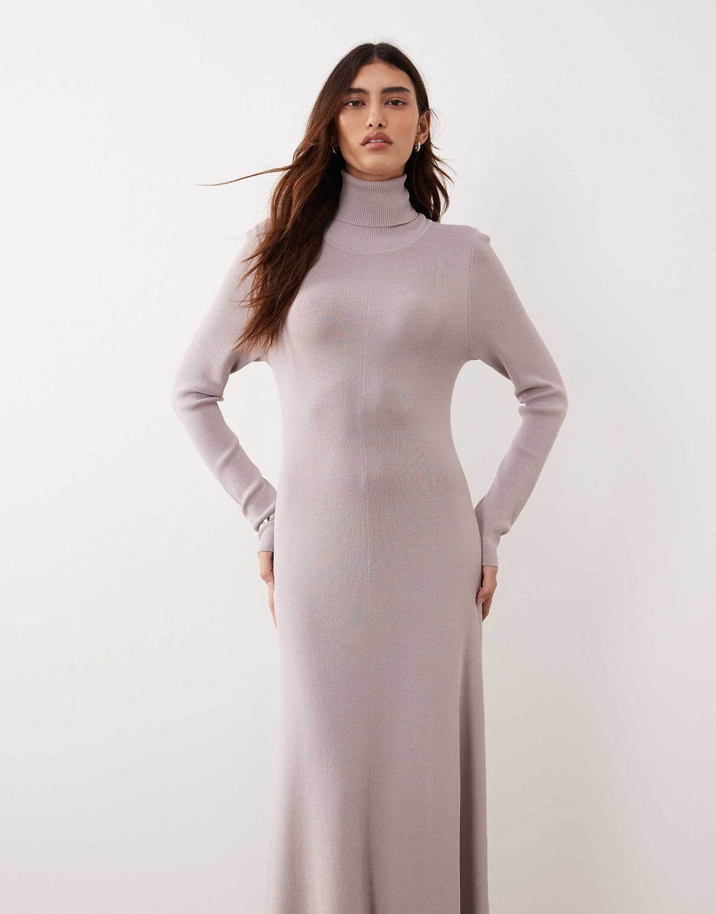 ARRANGE compact rib knit high neck maxi dress in soft gray