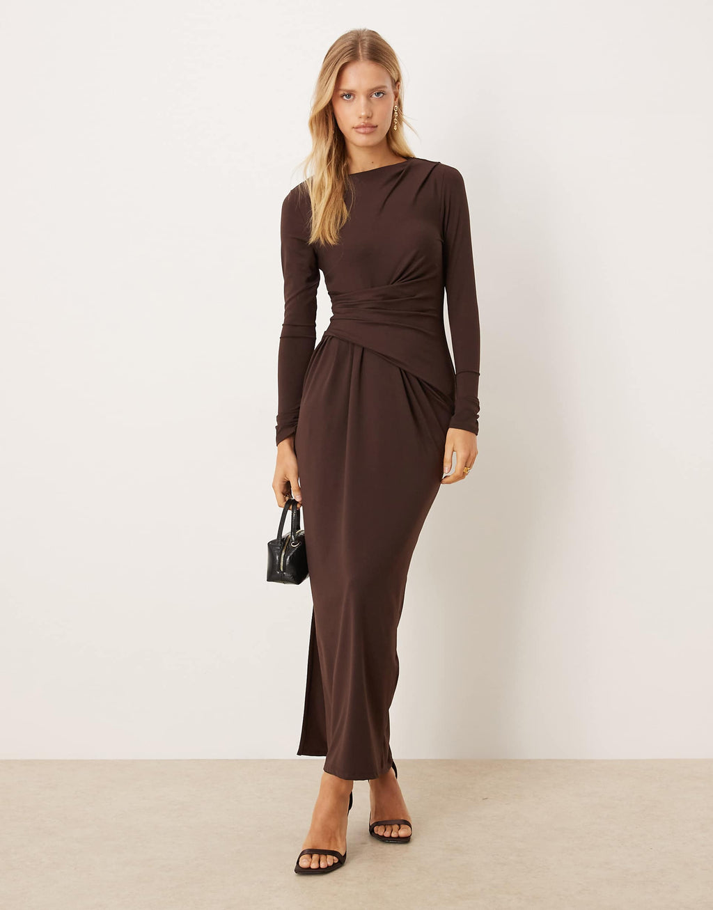 ASOS DESIGN soft touch long sleeve drape maxi dress in chocolate