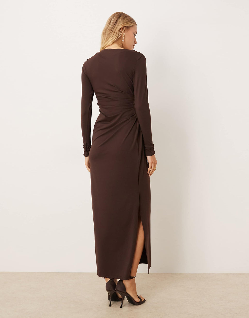 ASOS DESIGN soft touch long sleeve drape maxi dress in chocolate