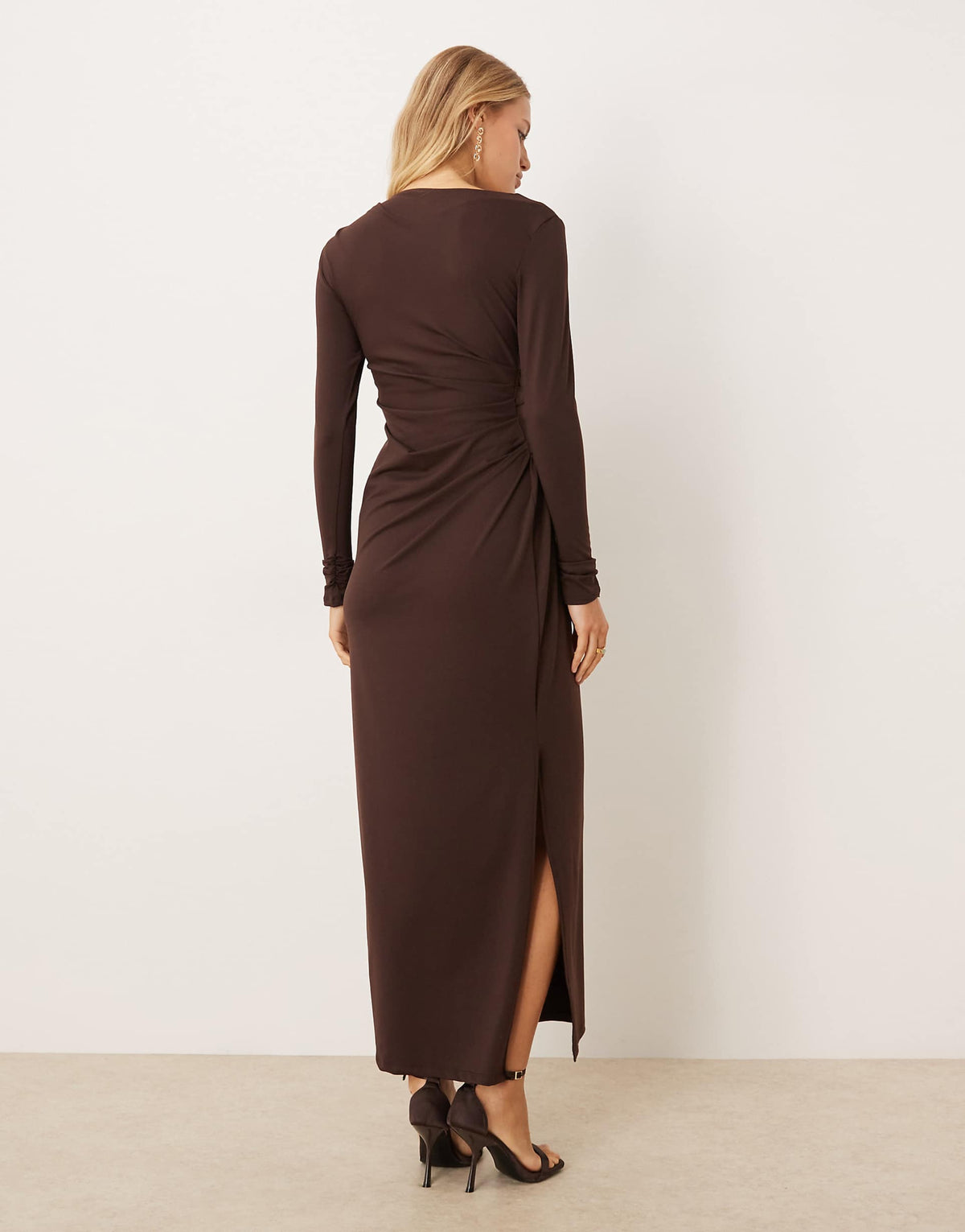 ASOS DESIGN soft touch long sleeve drape maxi dress in chocolate