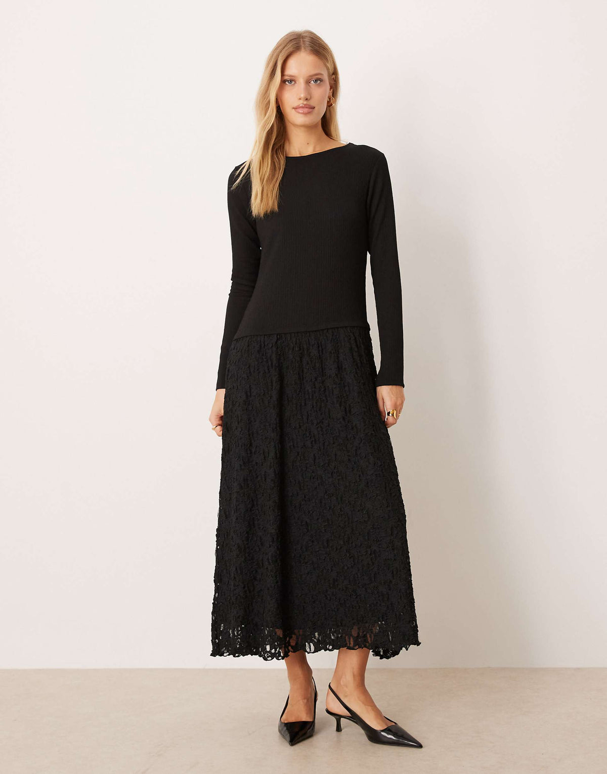 ASOS DESIGN long sleeve slash neck lace skirted midi dress in black