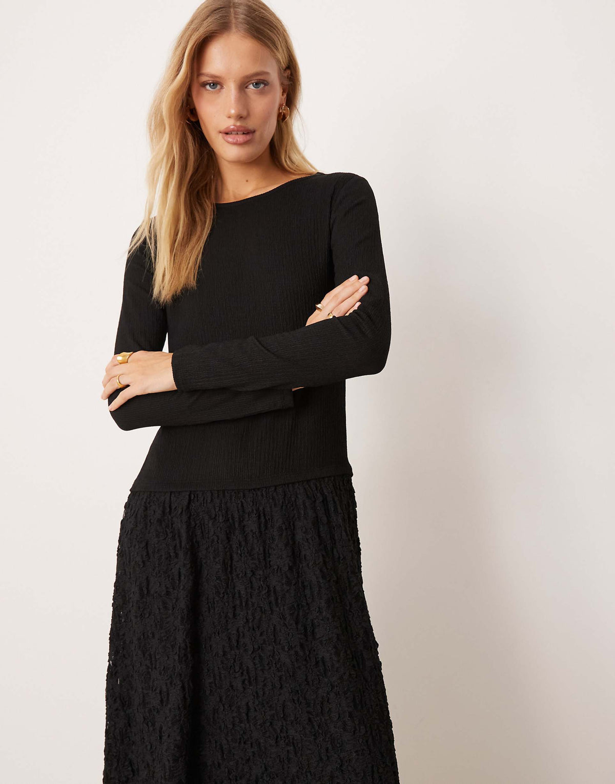ASOS DESIGN long sleeve slash neck lace skirted midi dress in black