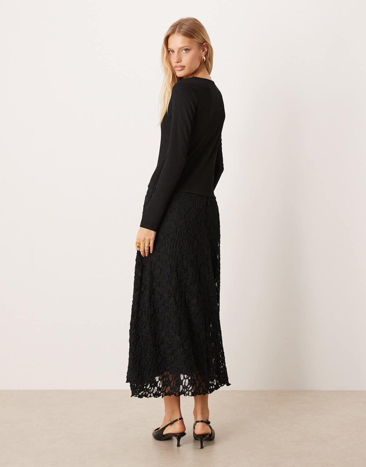 ASOS DESIGN long sleeve slash neck lace skirted midi dress in black
