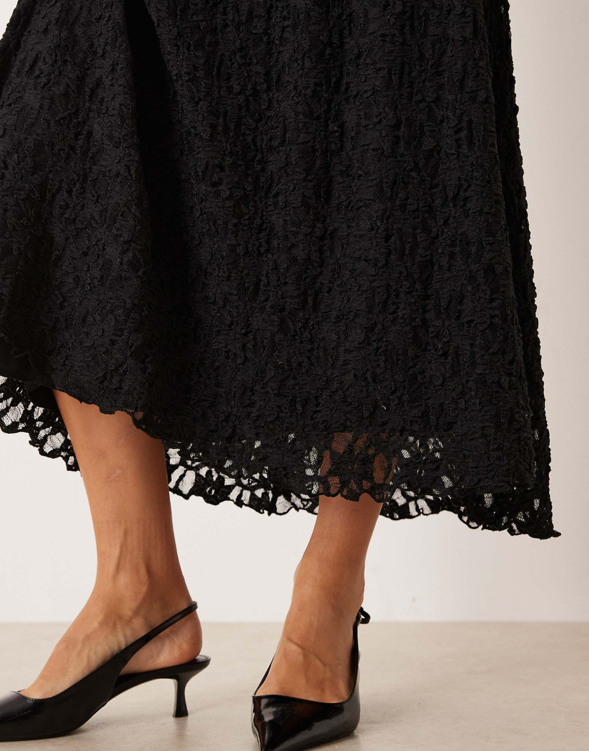 ASOS DESIGN long sleeve slash neck lace skirted midi dress in black