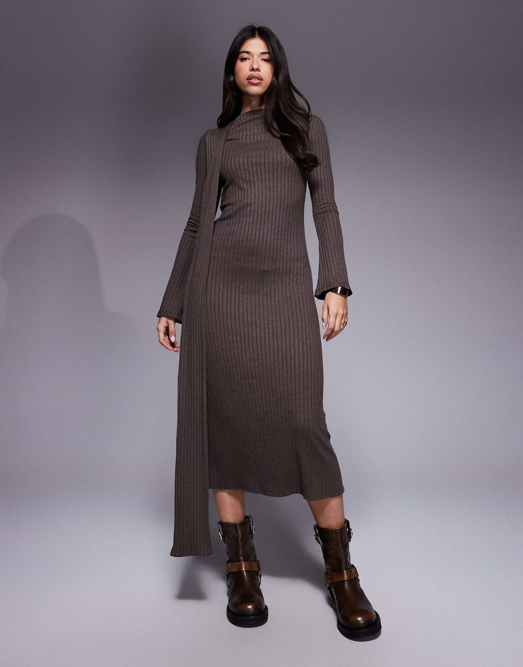 ASOS DESIGN long sleeve scarf detail maxi dress in chocolate