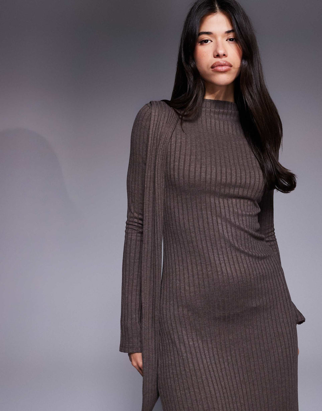 ASOS DESIGN long sleeve scarf detail maxi dress in chocolate