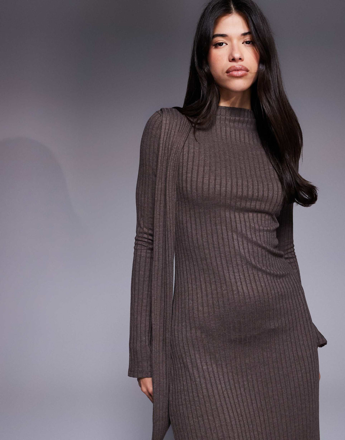 ASOS DESIGN long sleeve scarf detail maxi dress in chocolate