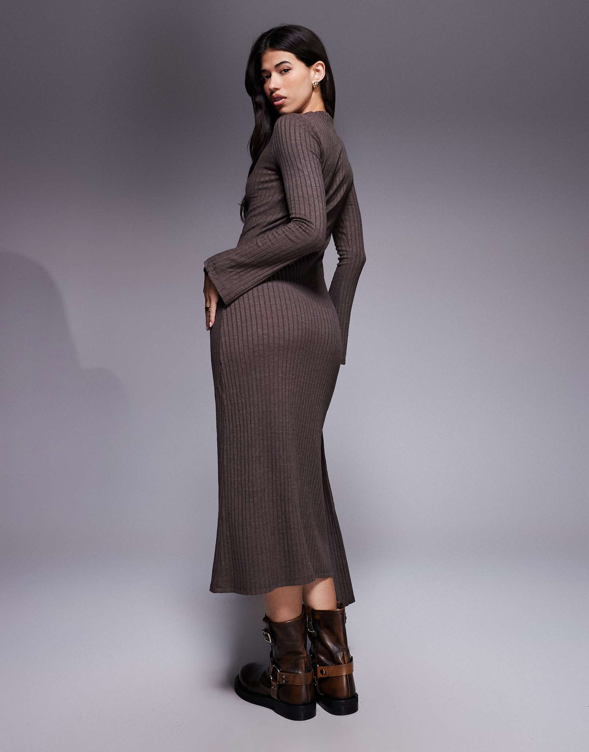 ASOS DESIGN long sleeve scarf detail maxi dress in chocolate