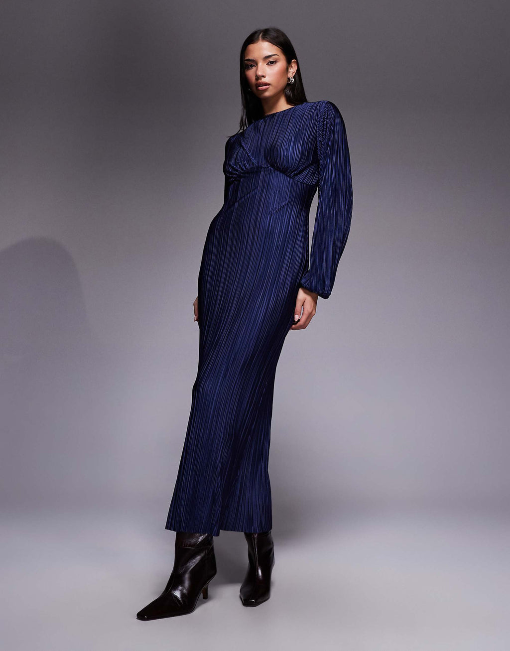 ASOS DESIGN plisse long puff sleeve maxi dress in navy