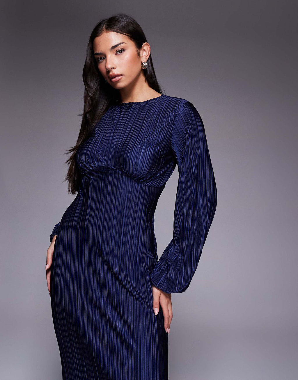 ASOS DESIGN plisse long puff sleeve maxi dress in navy