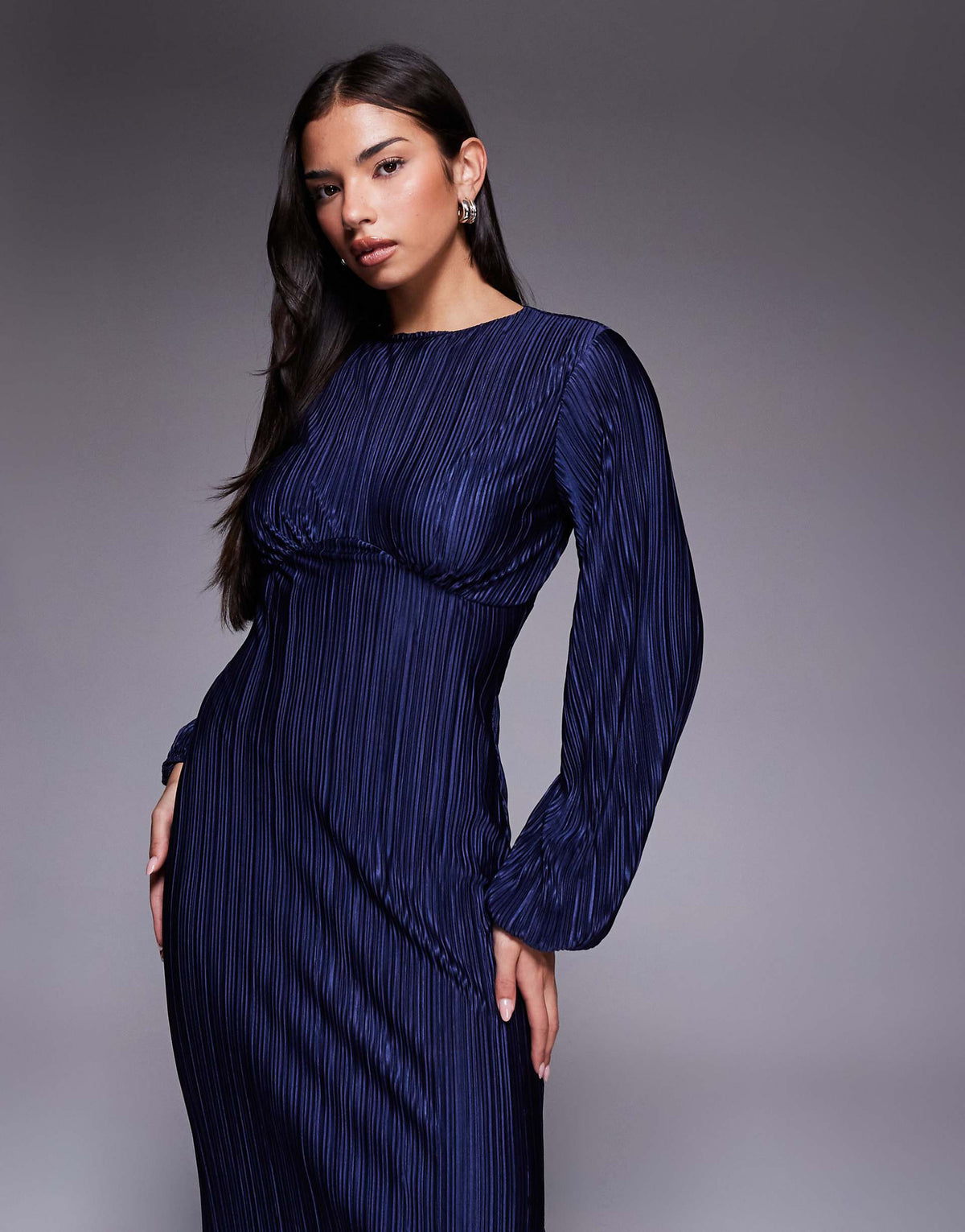 ASOS DESIGN plisse long puff sleeve maxi dress in navy