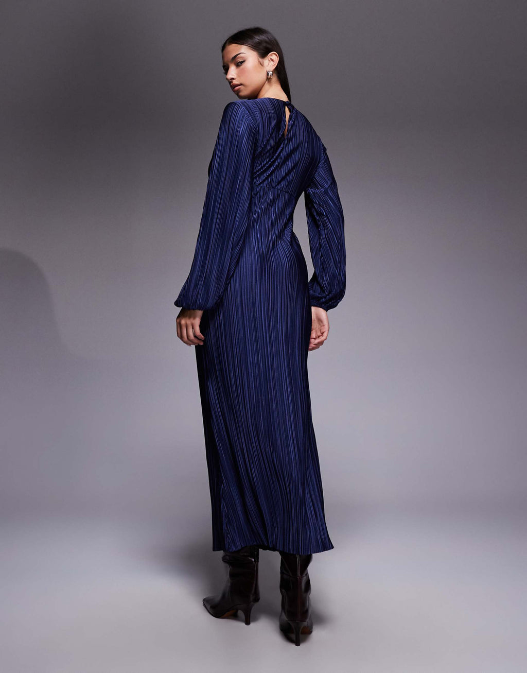 ASOS DESIGN plisse long puff sleeve maxi dress in navy