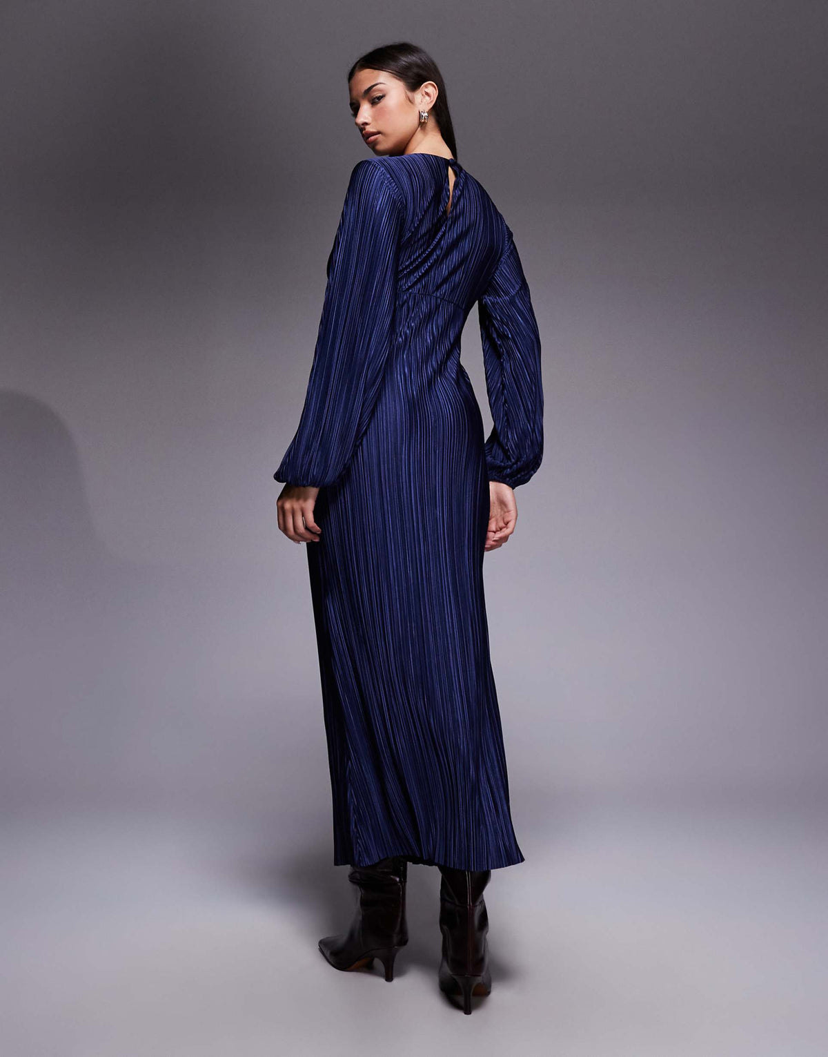 ASOS DESIGN plisse long puff sleeve maxi dress in navy