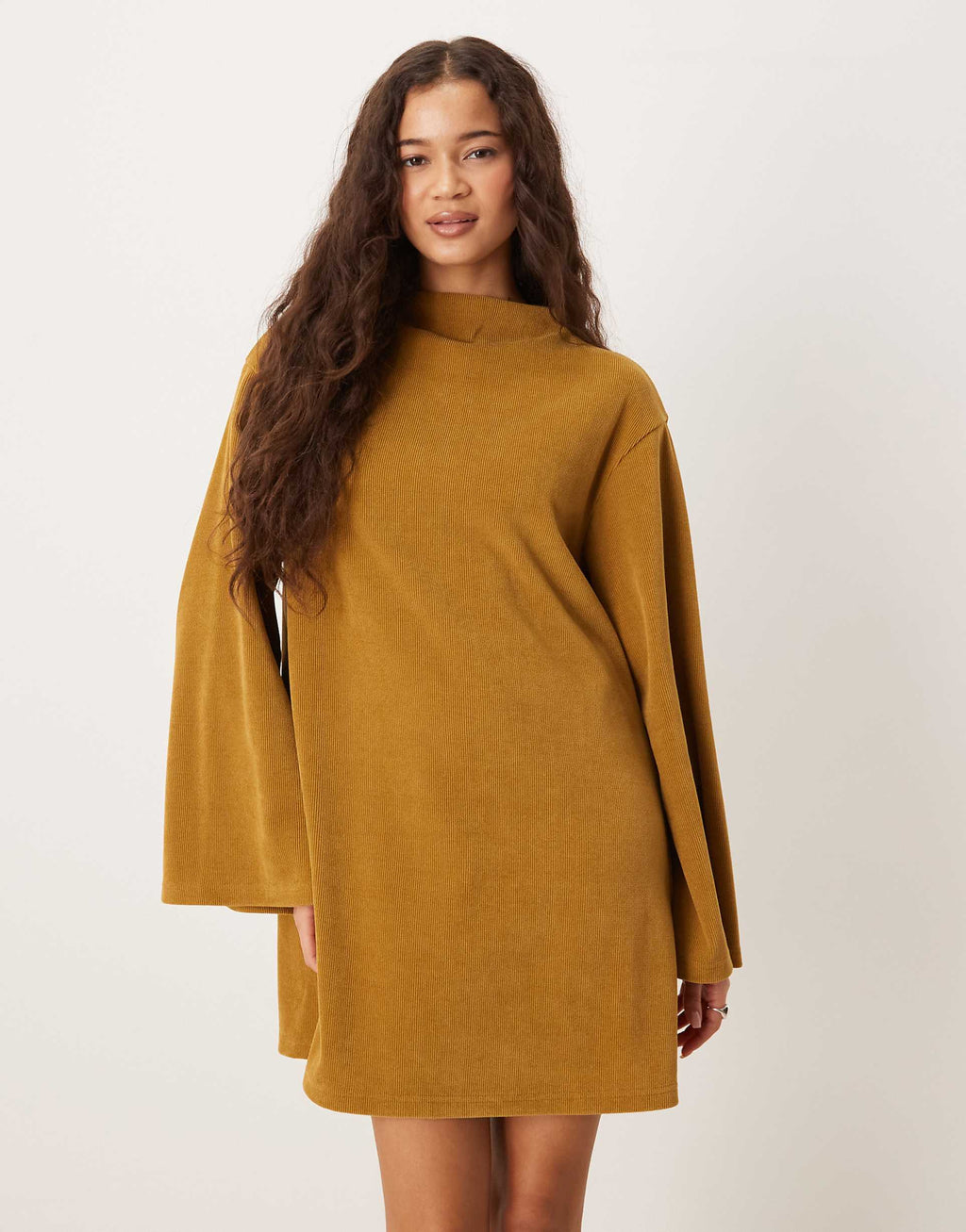 ASOS DESIGN corduroy wide sleeve mini swing dress in mustard