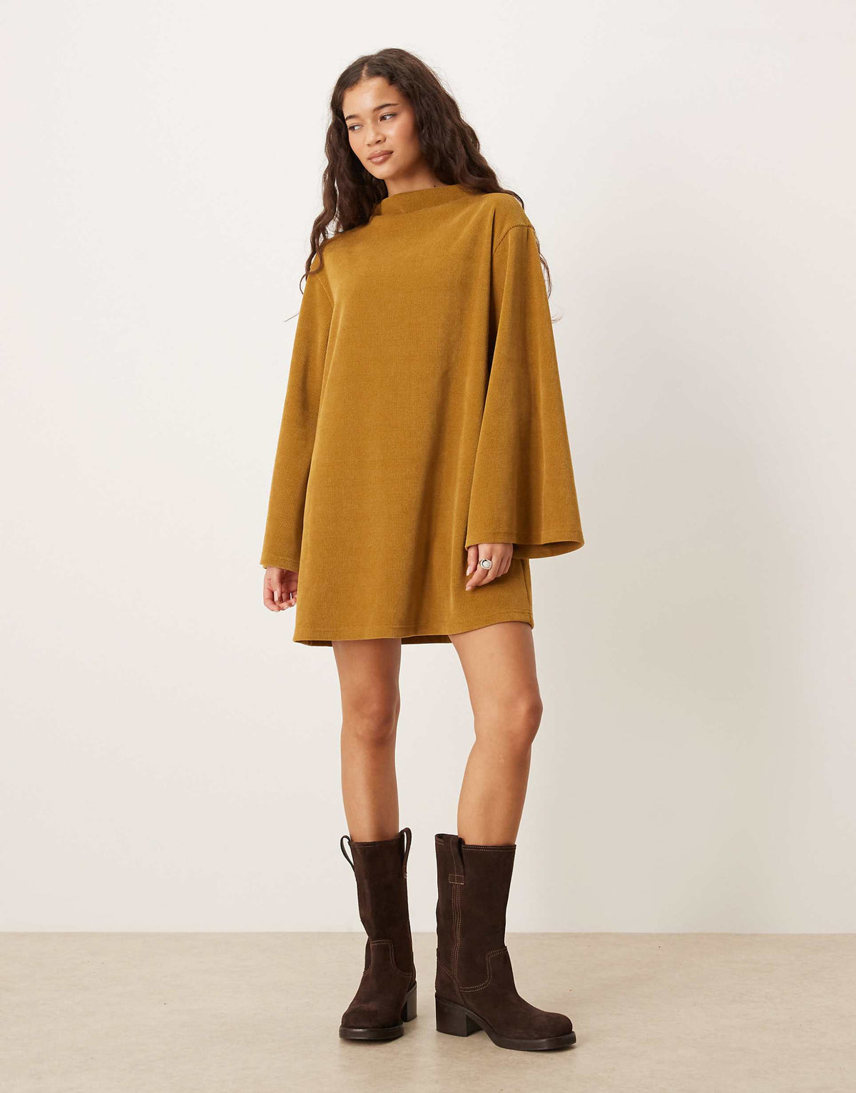 ASOS DESIGN corduroy wide sleeve mini swing dress in mustard