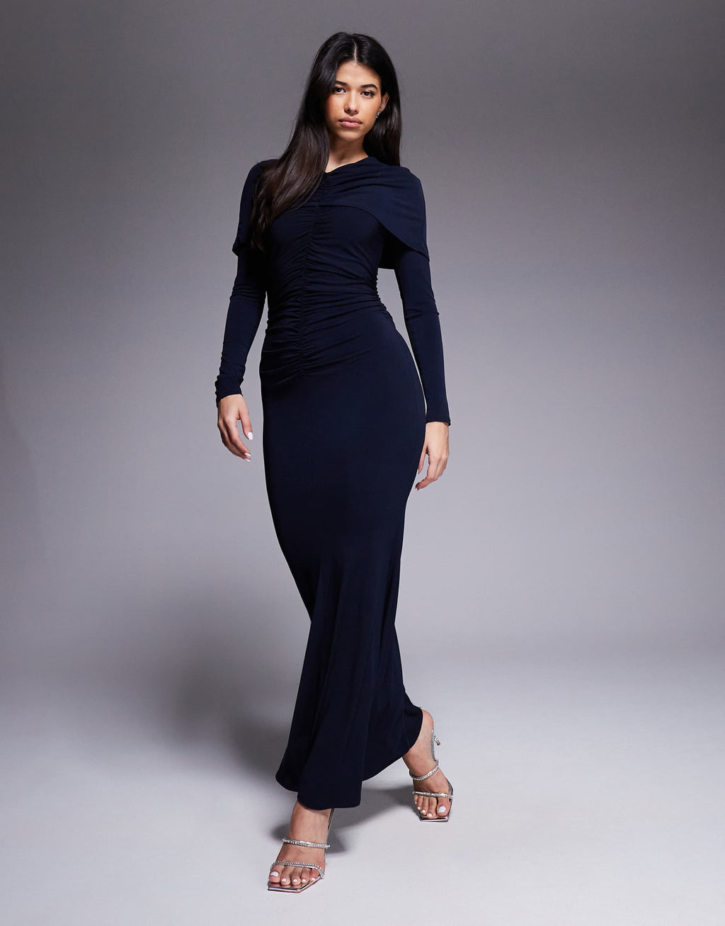 Daska slinky ruched cape detail maxi dress in navy