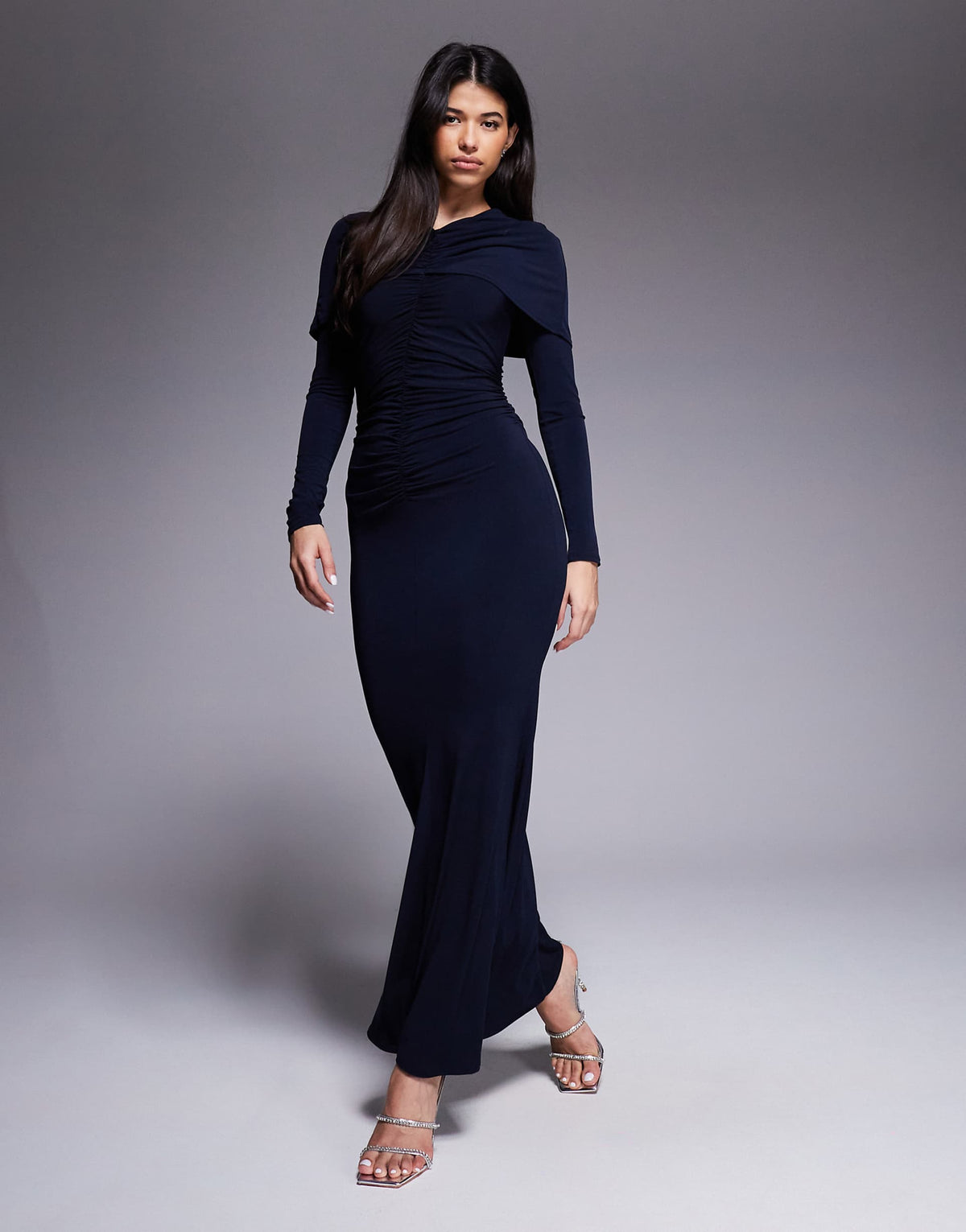 Daska slinky ruched cape detail maxi dress in navy