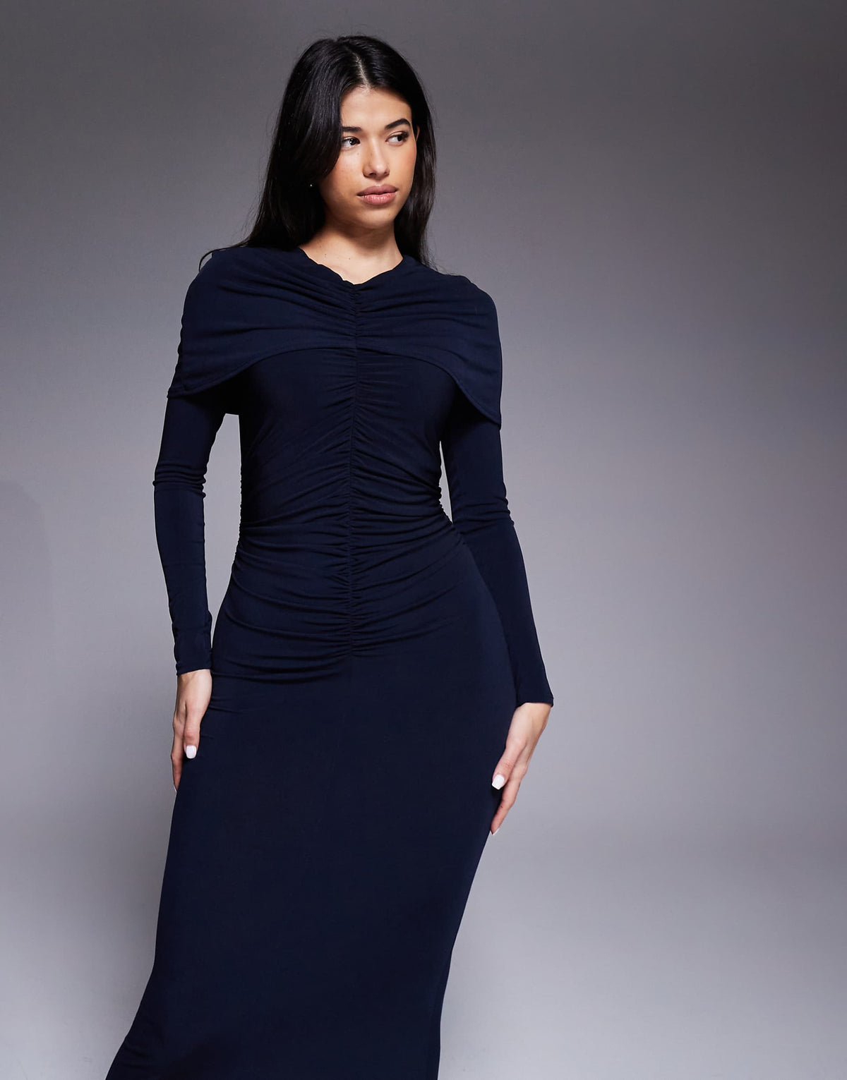 Daska slinky ruched cape detail maxi dress in navy