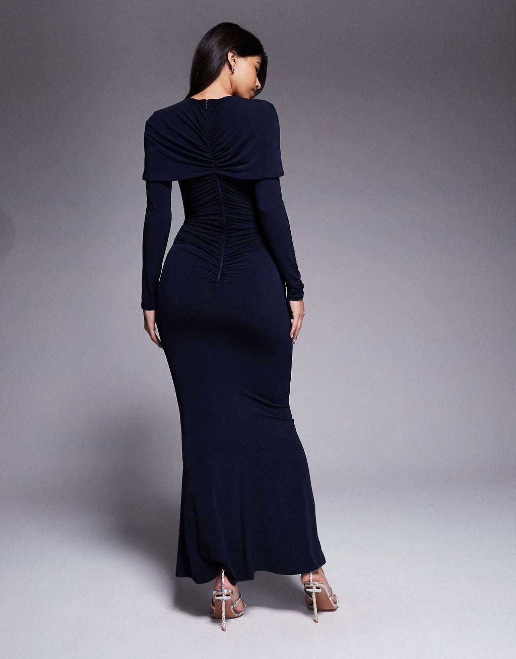 Daska slinky ruched cape detail maxi dress in navy