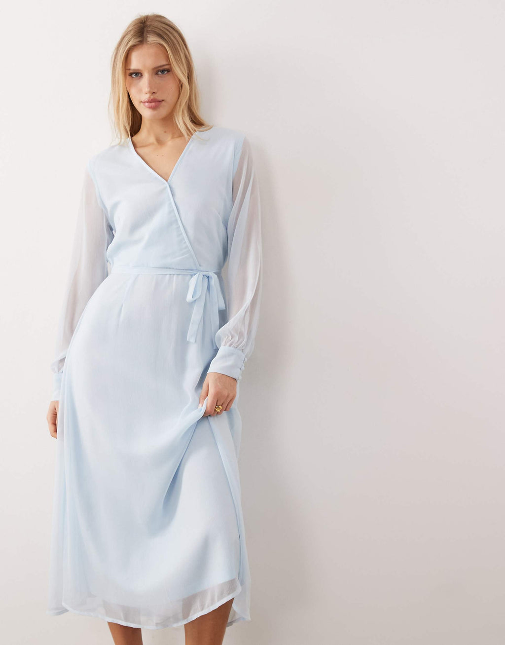 VILA long sleeve v-neck midi dress in light blue