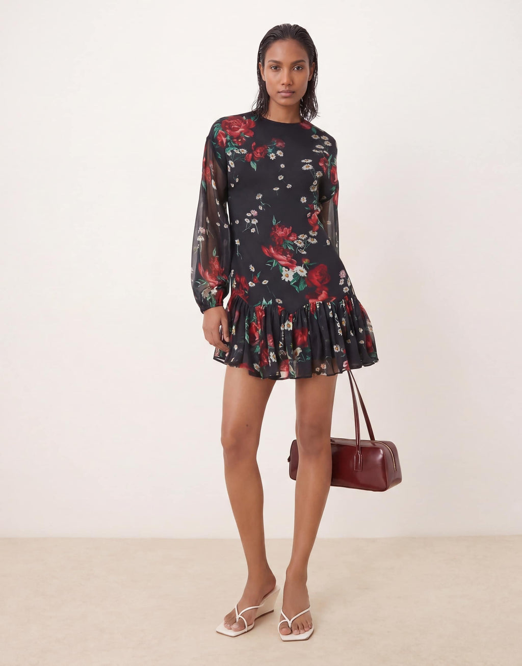 ASOS DESIGN slash neck chiffon godet mini dress in black red floral