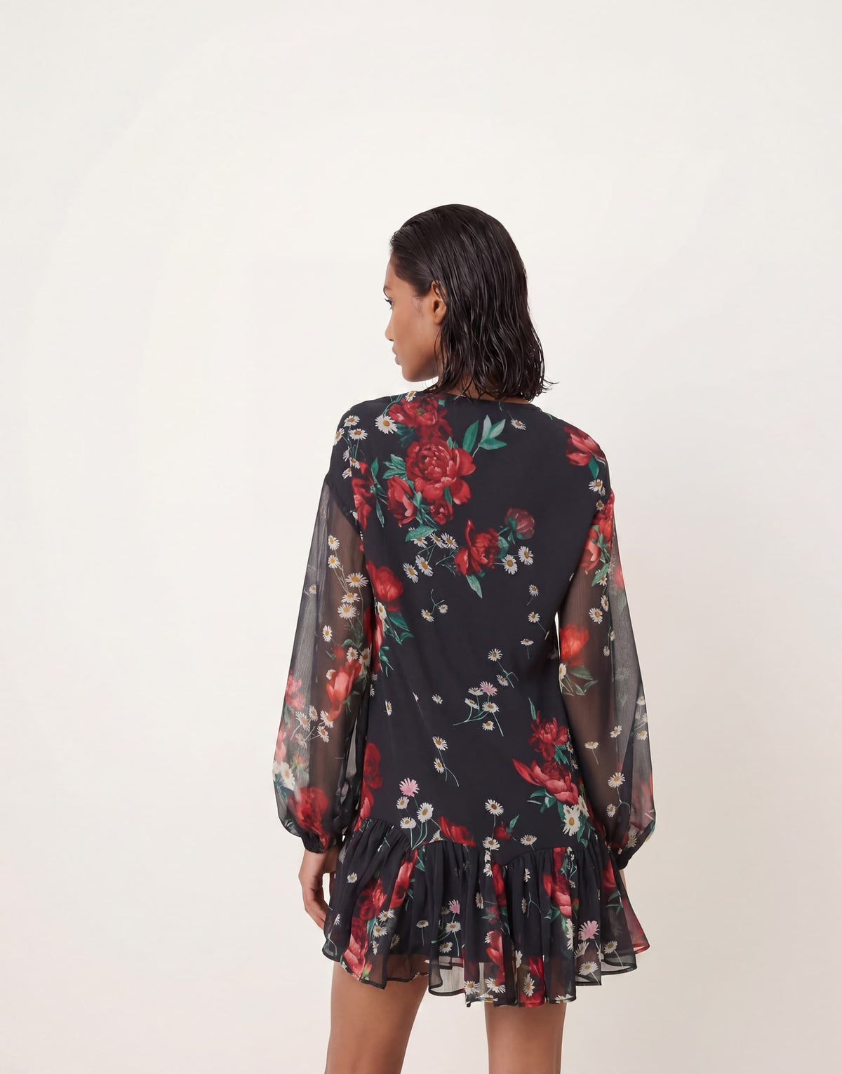 ASOS DESIGN slash neck chiffon godet mini dress in black red floral