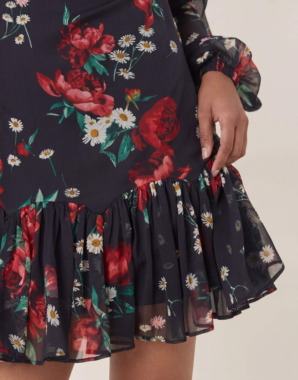 ASOS DESIGN slash neck chiffon godet mini dress in black red floral