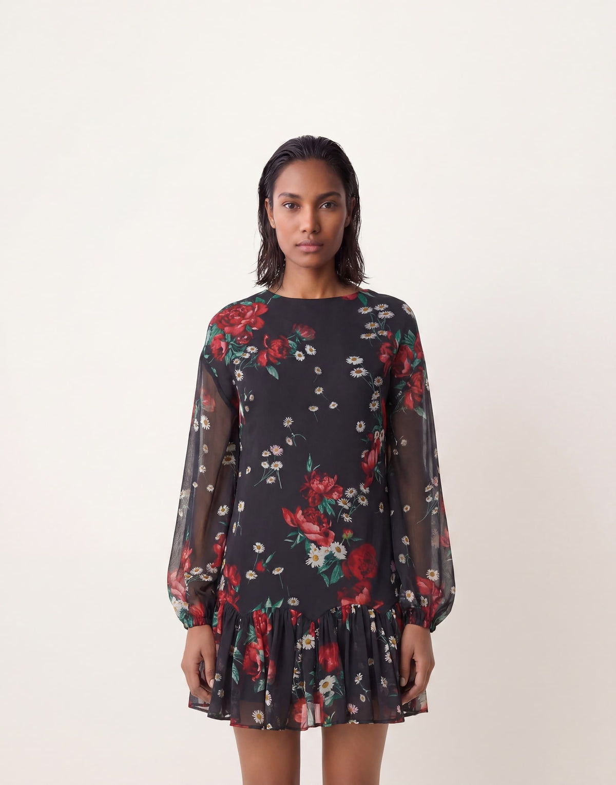 ASOS DESIGN slash neck chiffon godet mini dress in black red floral