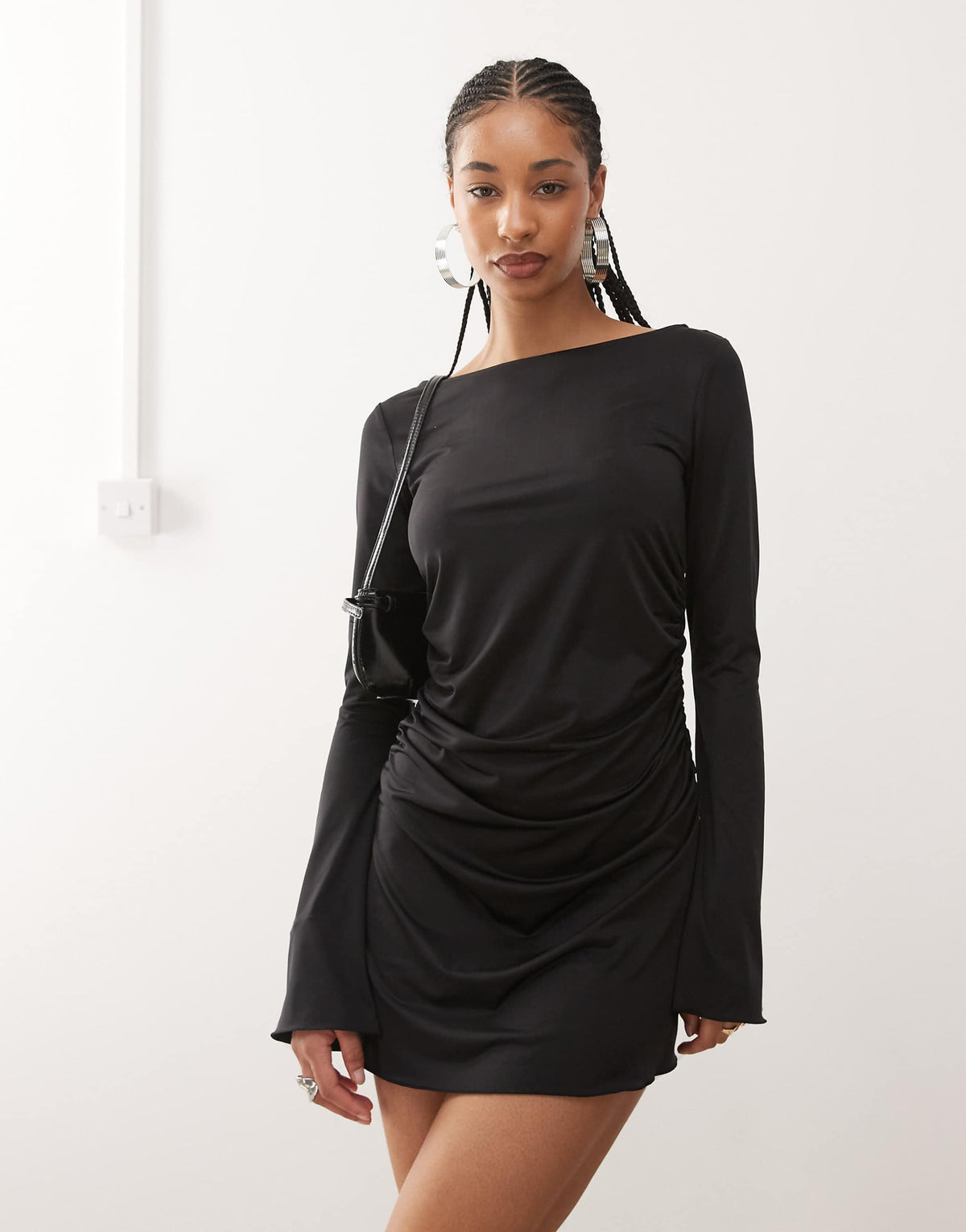 Monki long sleeve ruched mini dress in black