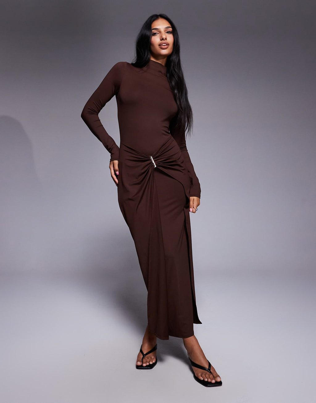 ASOS DESIGN slash neck long sleeve wrap hardware detail midi dress in chocolate